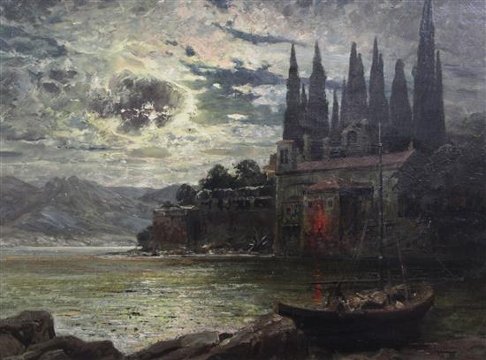 § Alois Arnegger (1879-1967) Moonlit waterside palazzo, near Capri, 29 x 39in.